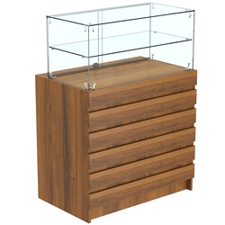 Торговый прилавок со стеклянной надставкой и фасадными панелями №1Э-01, Орех