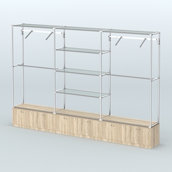 Торговая система ХРОМ без ДСП 3600 мм с тумбами Т15, прозрачными полками и поручнями №6, Дуб Сонома