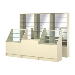 Комплект стеллажей со стеклянными полками U-6 №12-2 и прилавков ЭК-07, Крем Вайс