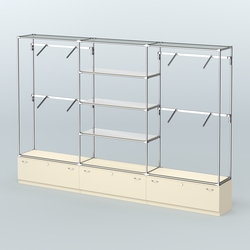 Торговая система ХРОМ без ДСП 3600 мм с тумбами Т11, зеркальными полками и поручнями №3, Крем Вайс