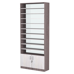 Стеллаж из ДСП с 9-ю полками 300x900 мм серии LEVEL-9 №12-1 (З/C - СТЕКЛО), Ясень Анкор темный + Ясень Анкор светлый