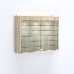 Витрина настенная №203-7А широкая с фризом и пятью стеклянными полками, Дуб Сонома