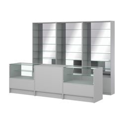 Комплект стеллажей со стеклянными полками U-6 №12-2 и прилавков ЭК-03, Серый