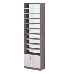 Стеллаж из ДСП с 9-ю полками 300x600 мм серии LEVEL-9 №5-1 (З/C - СТЕКЛО), Ясень Анкор темный + Ясень Анкор светлый