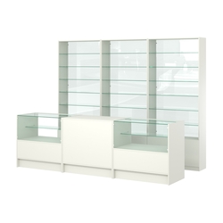 Комплект стеллажей со стеклянными полками U-6 №12-1 и прилавков ЭК-03, Белый