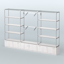 Торговая система ХРОМ без ДСП 3600 мм с тумбами Т11, Т21, полками ДСП и поручнями №4, Ясень Анкор светлый