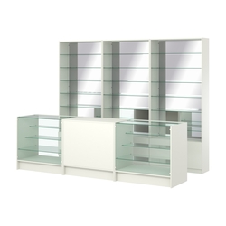 Комплект стеллажей со стеклянными полками U-6 №12-2 и прилавков ЭК-04, Белый