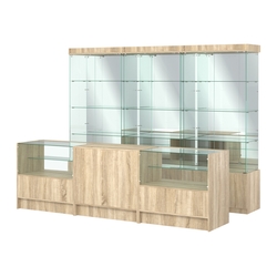 Комплект стеклянных витрин ИС-03 и прилавков ЭК-3, Дуб сонома
