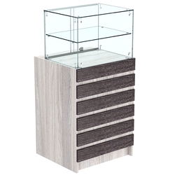 Торговый прилавок со стеклянной надставкой и фасадными панелями №5Э-01, Ясень Анкор светлый + Ясень Анкор темный