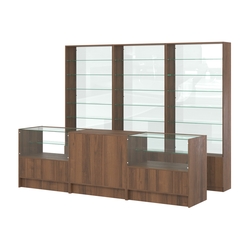 Комплект стеллажей со стеклянными полками U-6 №12-1 и прилавков ЭК-03, Орех