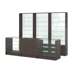 Комплект стеллажей со стеклянными полками U-6 №12-1 и прилавков ЭК-04, Дуб Венге