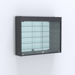 Витрина настенная №203-8А широкая с подсветкой, стеклянными полками и зеркалом, Антрацит