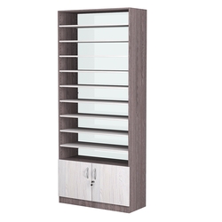 Стеллаж из ДСП с 9-ю полками 400x900 мм серии LEVEL-9 №14-1 (З/C - СТЕКЛО), Ясень Анкор темный + Ясень Анкор светлый