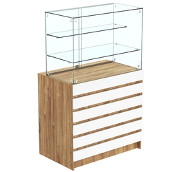 Торговый прилавок с двумя стеклянными полками и фасадными панелями №1Э-02, Дуб Канзас коричневый + Белый