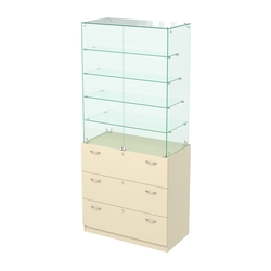 Прилавок с четырьмя стеклянными полками и выдвижными ящиками Селена-109, Крем Вайс