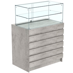 Торговый прилавок со стеклянной надставкой и фасадными панелями №1Э-01, Бетон Чикаго светло-серый F186 ST9