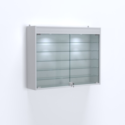 Витрина настенная №203-7А широкая с фризом и пятью стеклянными полками, Серый