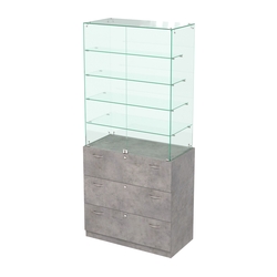 Прилавок с четырьмя стеклянными полками и выдвижными ящиками Селена-109, Бетон Чикаго светло-серый F186 ST9