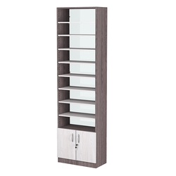 Стеллаж из ДСП с 8-ю полками 300x600 мм серии LEVEL-8 №5-1 (З/C - СТЕКЛО), Ясень Анкор темный + Ясень Анкор светлый