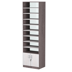 Стеллаж из ДСП с 8-ю полками 400x600 мм серии LEVEL-8 №7-1 (З/C - СТЕКЛО), Ясень Анкор темный + Ясень Анкор светлый