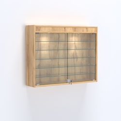 Витрина настенная №203-7А широкая с фризом и пятью стеклянными полками, Дуб Золотистый