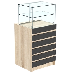 Торговый прилавок со стеклянной надставкой и фасадными панелями №5Э-01, Дуб Сонома + Черный