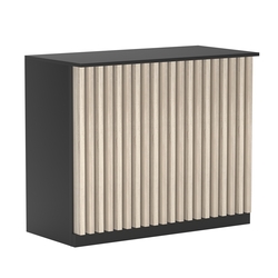 Торговый стол-прилавок широкий с планками серии ВЕРТИКАЛЬ №20, Черный + Дуб Сонома