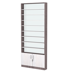 Стеллаж из ДСП с 8-ю полками 150x900 мм серии LEVEL-8 №9-1 (З/C - СТЕКЛО), Ясень Анкор темный + Ясень Анкор светлый