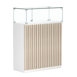 Торговый прилавок прямоугольный с планками и стеклянным колпаком ВЕРТИКАЛЬ №1, Белый + Дуб Сонома