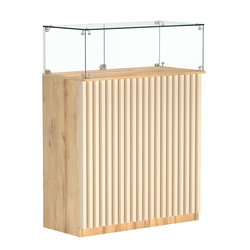 Торговый прилавок прямоугольный с планками и стеклянным колпаком ВЕРТИКАЛЬ №1, Дуб Золотистый и Крем Вайс