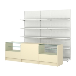 Комплект металлических стеллажей с полками и прилавков ЭК-3, Крем Вайс