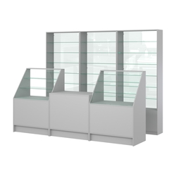 Комплект стеллажей со стеклянными полками U-6 №12-1 и прилавков ЭК-07, Серый