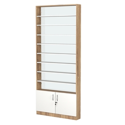 Стеллаж из ДСП с 8-ю полками 150x900 мм серии LEVEL-8 №9-1 (З/C - СТЕКЛО), Дуб Канзас коричневый + Белый