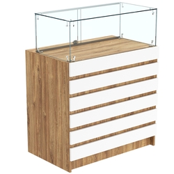 Торговый прилавок с прозрачным колпаком и фасадными панелями №1Э-14, Дуб Канзас коричневый + Белый