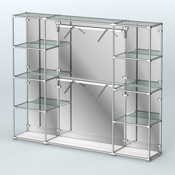 Торговая система ХРОМ (задняя стенка - зеркало) 2430 мм с прозрачными полками и поручнями №7, Ясень Анкор светлый