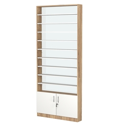 Стеллаж из ДСП с 9-ю полками 150x900 мм серии LEVEL-9 №9-1 (З/C - СТЕКЛО), Дуб Канзас коричневый + Белый