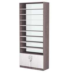 Стеллаж из ДСП с 8-ю полками 350x900 мм серии LEVEL-8 №13-1 (З/C - СТЕКЛО), Ясень Анкор темный + Ясень Анкор светлый