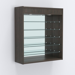 Витрина настенная №201-8Г открытая с пятью узкими полками, подсветкой и зеркалом, Дуб Венге