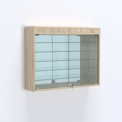 Витрина настенная №203-8А широкая с подсветкой, стеклянными полками и зеркалом, Дуб Сонома