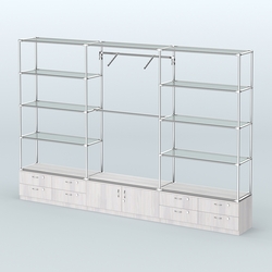 Торговая система ХРОМ без ДСП 3600 мм с тумбами Т14, Т21, прозрачными полками и поручнями №5, Ясень Анкор светлый