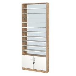 Стеллаж из ДСП с 10-ю полками 150x900 мм серии LEVEL-10 №9-2 (З/C - ЗЕРКАЛО), Дуб Канзас коричневый + Белый