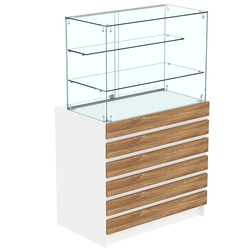 Торговый прилавок с двумя стеклянными полками и фасадными панелями №1Э-02, Белый + Дуб Канзас коричневый