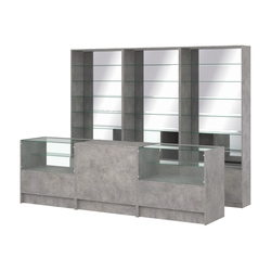 Комплект стеллажей со стеклянными полками U-6 №12-2 и прилавков ЭК-03, Бетон Чикаго светло-серый F186 ST9