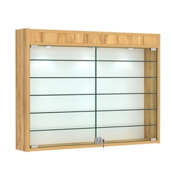 Витрина настенная №3-7А широкая с фризом и пятью стеклянными полками, Дуб Золотистый