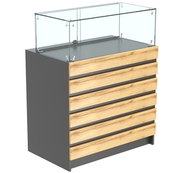 Торговый прилавок с прозрачным колпаком и фасадными панелями №1Э-14, Темно-серый и Дуб Золотистый