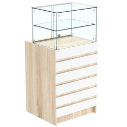 Торговый прилавок со стеклянной надставкой и фасадными панелями №5Э-01, Дуб Сонома + Белый