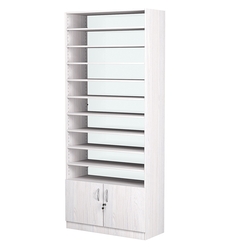 Стеллаж из ДСП с 10-ю полками 400x900 мм серии LEVEL-10 №14-1 (З/C - СТЕКЛО), Ясень Анкор светлый