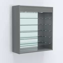 Витрина настенная №201-8Г открытая с пятью узкими полками, подсветкой и зеркалом, Темно-Серый