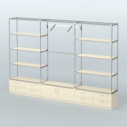 Торговая система ХРОМ без ДСП 3600 мм с тумбами Т14, Т21, полками ДСП и поручнями №5, Крем Вайс