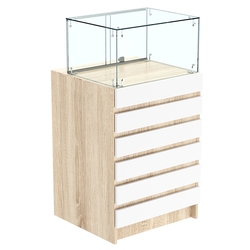 Торговый прилавок с прозрачной витриной и фасадным декором №5Э-14, Дуб Сонома + Белый